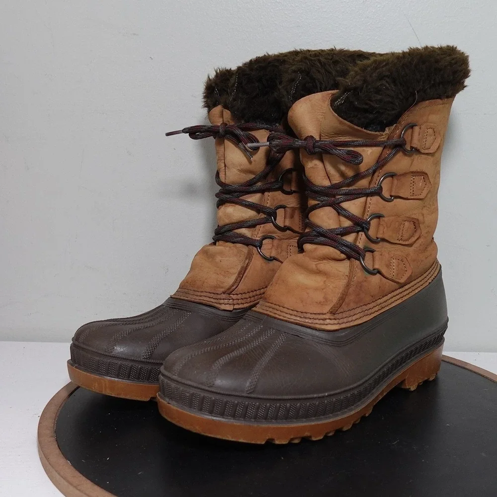 VTG Sorel Badger‎ Boots Men 8 Brown Leather Rubber Waterproof Winter Snow Lined